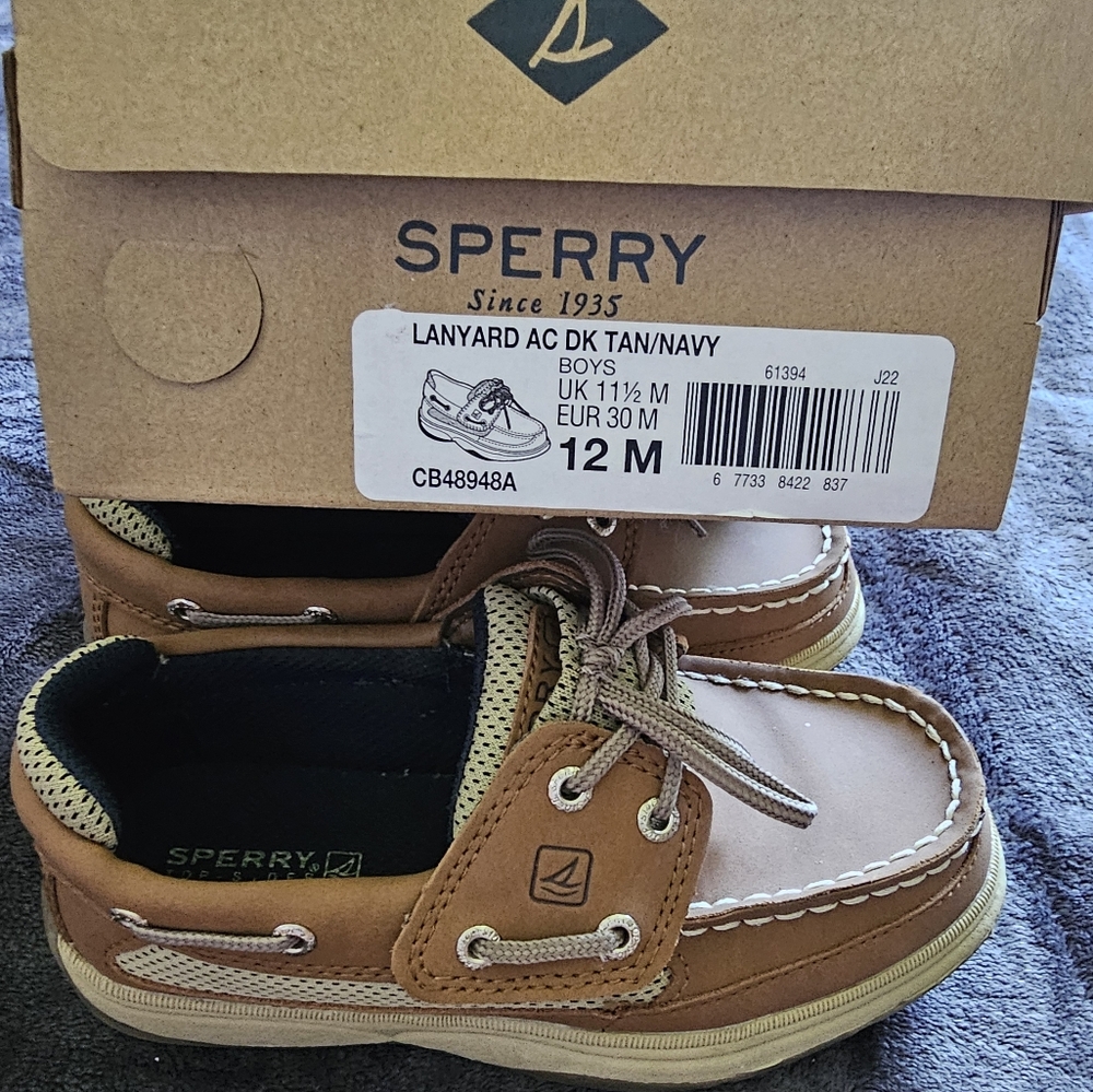 Boys Sperry Lanyard AC Size 12 Dark Tan/Navy